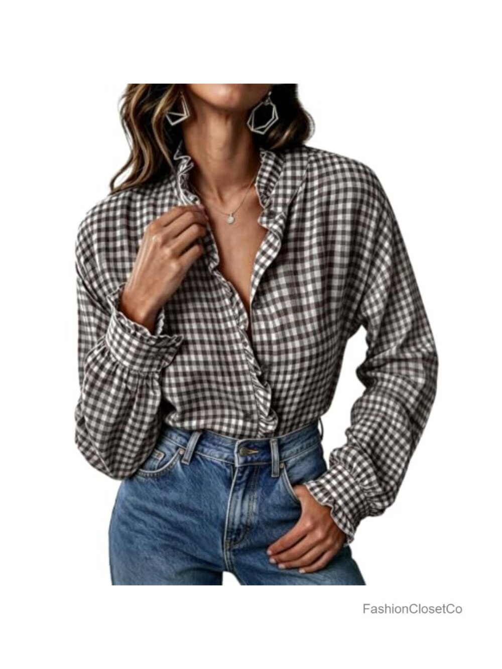 Womens Button Down Long Sleeve Plaid Smocked Cuff Ruffle Collar Blouse Business
